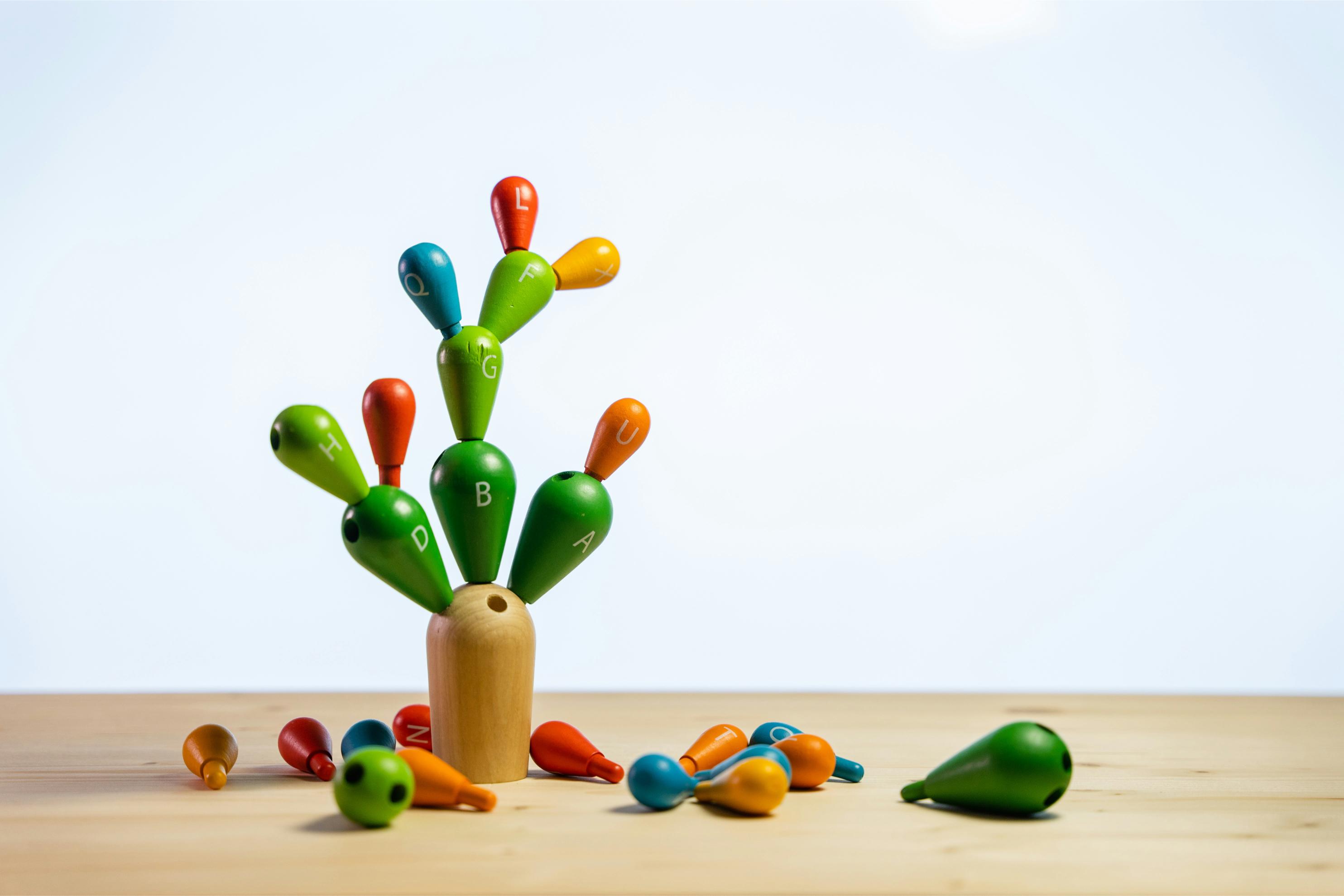 A playful wooden balancing toy